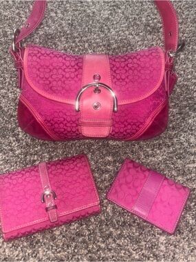 Vintage Coach Mini SoHo Pink Signature Canvas Shoulder Bag with Matching Wallets